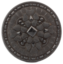 Antique Victorian Czech lacy flower black glass button 32mm