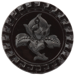 Antique Victorian Czech lacy flower Greek key black glass button 27mm