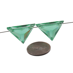 Lot (2) rare Czech Art Deco vintage hand triangle faceted green pendant glass beads 23x15mm