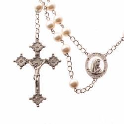 Czech 5 decade faux pearl glass bead Catholic rosary crucifix pendant