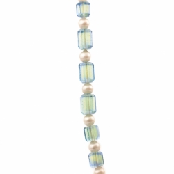 Vintage Czech gold chain necklace faux pearl Uranium blue bicolor cylinder faceted glass beads