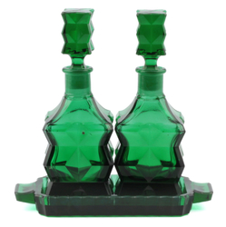 Vintage Czech Emerald green glass oil and vinegar condiment set