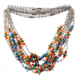 Vintage Art Deco chrome chain necklace Czech green rondelle orange glass beads 