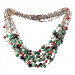 Lot (12) Vintage Art Deco chrome chain necklaces Czech red green black depression glass beads