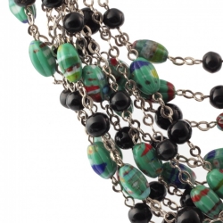 Lot (12) Vintage Art Deco chrome chain necklaces Czech black round green marble melon depression glass beads