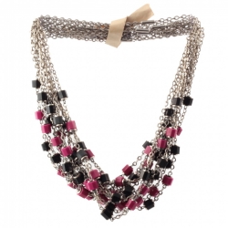 Lot (12) Vintage Art Deco German Bauhaus chrome chain necklaces galalith fuchsia pink black beads Jakob Bengel 