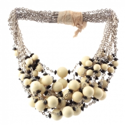 Lot (12) Vintage Art Deco German Bauhaus chrome chain necklaces galalith cream ivory round beads Jakob Bengel 