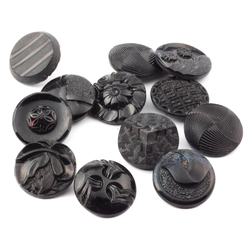 Lot (12) vintage Czech Art Deco geometric and flower black glass buttons 23mm