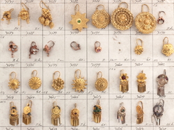 Art Deco sample card (61) Czech vintage rhinestone filigree brass coin earrings