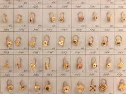Design sample card (72) Czech vintage geometric floral figural brass rhinestone earrings