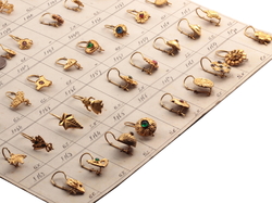 Design sample card (72) Czech vintage geometric floral figural brass rhinestone earrings