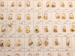 Design sample card (72) Czech vintage geometric floral figural brass rhinestone earrings