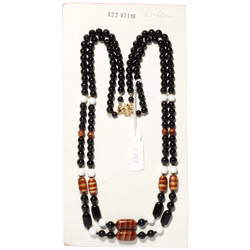 Czech vintage 2 strand necklace black white brown satin striped glass beads 