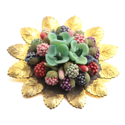 Vintage Czech glass bead berry and flower bouquet gold pin brooch