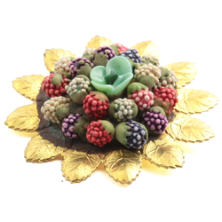 Vintage Czech glass beaded berry and flower bouquet gold pin brooch
