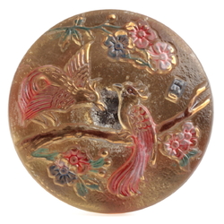 Czech hand painted pink floral gold gilt tropical exotic birds lacy style glass button 27mm