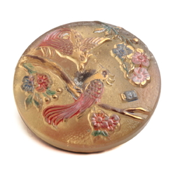Czech hand painted pink floral gold gilt tropical exotic birds lacy style glass button 27mm