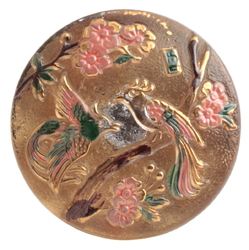 Czech pink floral hand painted gold gilt tropical birds lacy style glass button 27mm