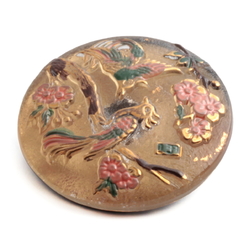 Czech pink floral hand painted gold gilt tropical birds lacy style glass button 27mm