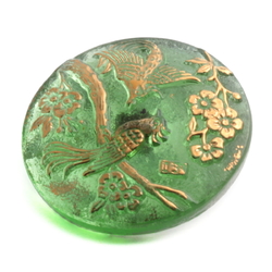 Czech floral hand gold gilt tropical exotic birds lacy style glass button 27mm