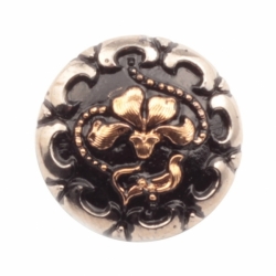 18mm vintage Czech gold gilt silver Art Nouveau style floral black glass button