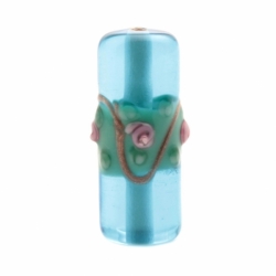 22mm Vintage Czech pink floral aventurine gold overlay aqua blue cylinder lampwork glass bead