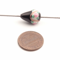 15mm Vintage Czech pink floral aventurine gold overlay black teardrop lampwork glass bead