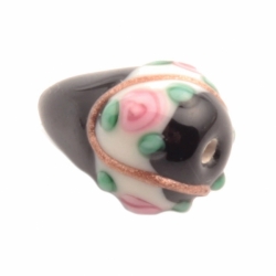 15mm Vintage Czech pink floral aventurine gold overlay black teardrop lampwork glass bead