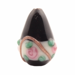 15mm Vintage Czech pink floral aventurine gold overlay black teardrop lampwork glass bead