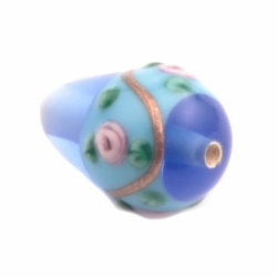 15mm Vintage Czech pink floral aventurine gold overlay blue teardrop lampwork glass bead