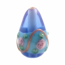 15mm Vintage Czech pink floral aventurine gold overlay blue teardrop lampwork glass bead