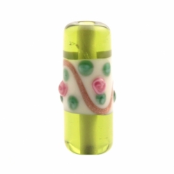 22mm Vintage Czech pink floral aventurine gold overlay green cylinder lampwork glass bead