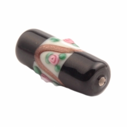 22mm Vintage Czech pink floral aventurine gold overlay black cylinder lampwork glass bead