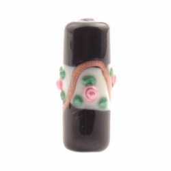 22mm Vintage Czech pink floral aventurine gold overlay black cylinder lampwork glass bead