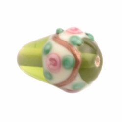 15mm Vintage Czech pink floral aventurine gold overlay green teardrop lampwork glass bead