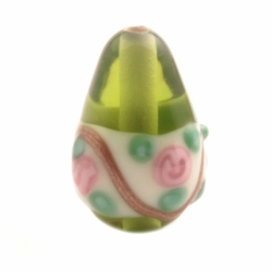 15mm Vintage Czech pink floral aventurine gold overlay green teardrop lampwork glass bead