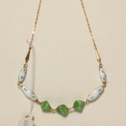 Vintage Czech gold chain necklace green marble white glass beads