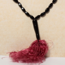 Vintage religious prayer beads Czech black glass beads dark pink tassle