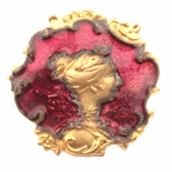 14mm antique German Czech Art Nouveau cranberry enamel lady arts and crafts metal picture button