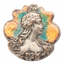 16mm antique German Czech Art Nouveau aqua yellow enamel lady arts and crafts metal picture button
