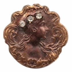 15mm antique German Czech Art Nouveau lady arts and crafts rhinestone bronze patina metal picture button