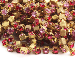 12 feet vintage gold tone prong set pink red rhinestone banding necklace chain trim