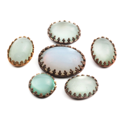 6 Czech vintage bezel set round and oval opaline glass cabochons