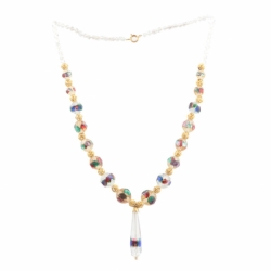 Vintage Czech pendant necklace rainbow foil saphiret glass beads