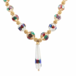Vintage Czech pendant necklace rainbow foil saphiret glass beads