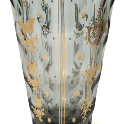 Rare antique Czech smoky glass vase by Moser with gold gilt butterflies and flower decoration