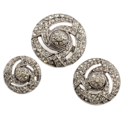Set 3 vintage Czech Art Nouveau style spiral silver metal crystal glass rhinestone buttons