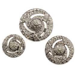 Set (3) vintage Czech Art Nouveau style spiral silver metal crystal glass rhinestone buttons