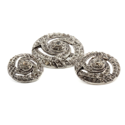 Set (3) vintage Czech Art Nouveau style spiral silver metal crystal glass rhinestone buttons