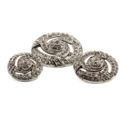 Set 3 vintage Czech Art Nouveau style spiral silver metal crystal glass rhinestone buttons